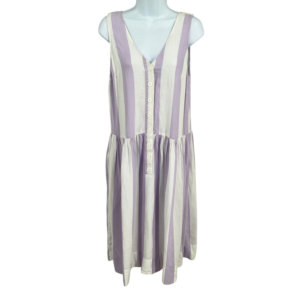 Urban Outfitters Midi Dress Womens M Purple Linen Blend Striped Button Front - Picture 1 of 10